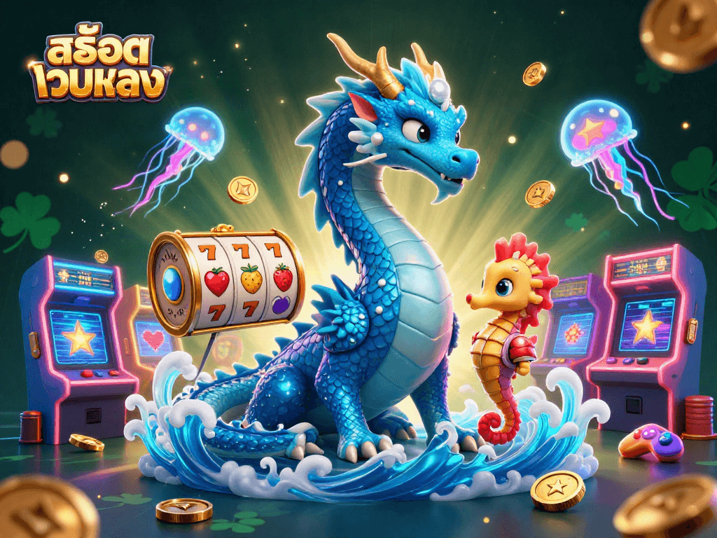 Engage with สล็อตเว็บตรง as a majestic dragon and seahorse knight play among slot reels and neon jellyfish.
