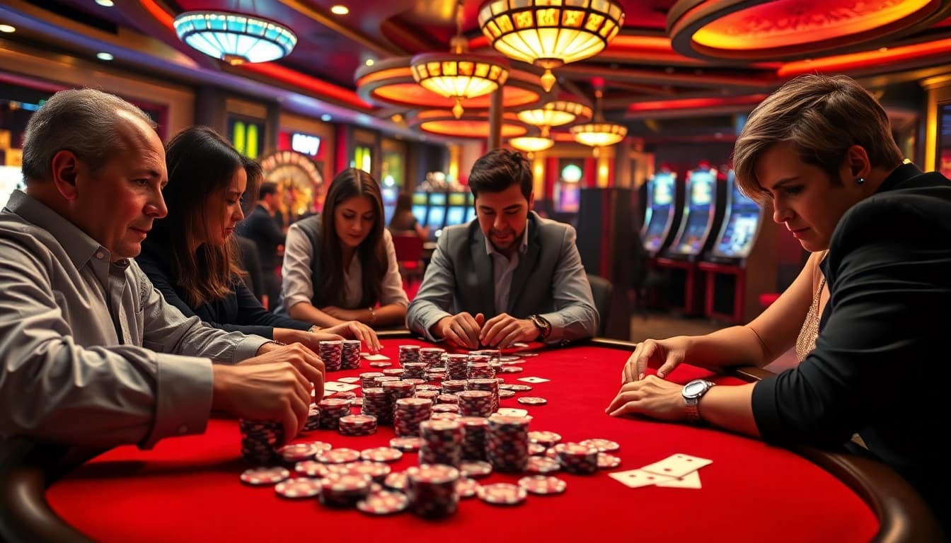Exciting poker game at Rikvip casino with intense players and vibrant atmosphere.