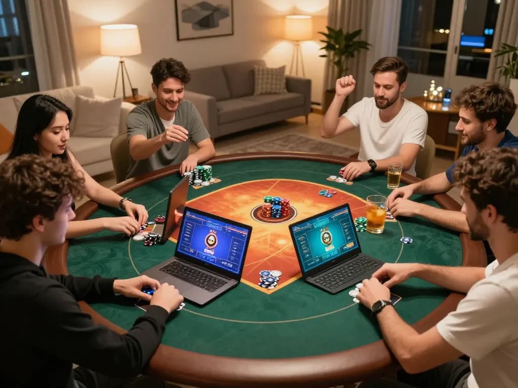 Players celebrating nk88 win during a lively online poker game with digital devices.