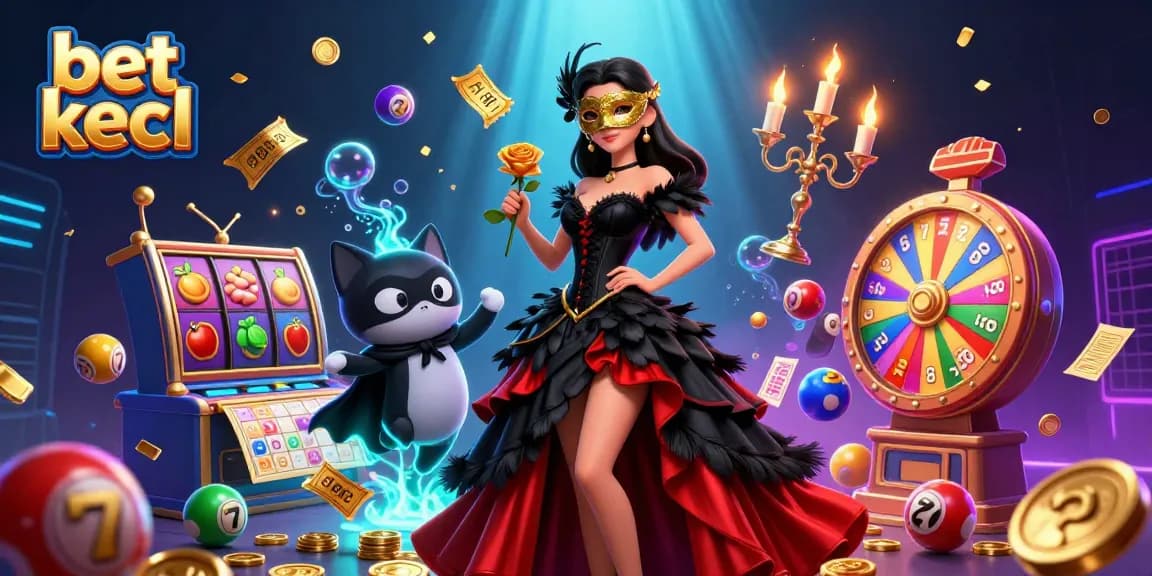 Bet kecil slot game scene with vibrant characters, colorful reels, and floating elements creating a lively atmosphere.
