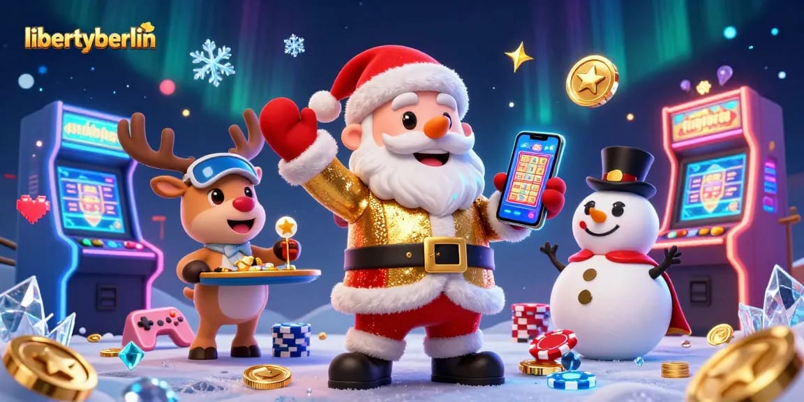 Spin the reels with libertyberlin's festive gaming scene featuring animated characters and vibrant casino elements.