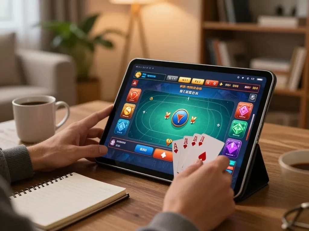 Hubet player engaged in online poker with strategic betting on tablet at home