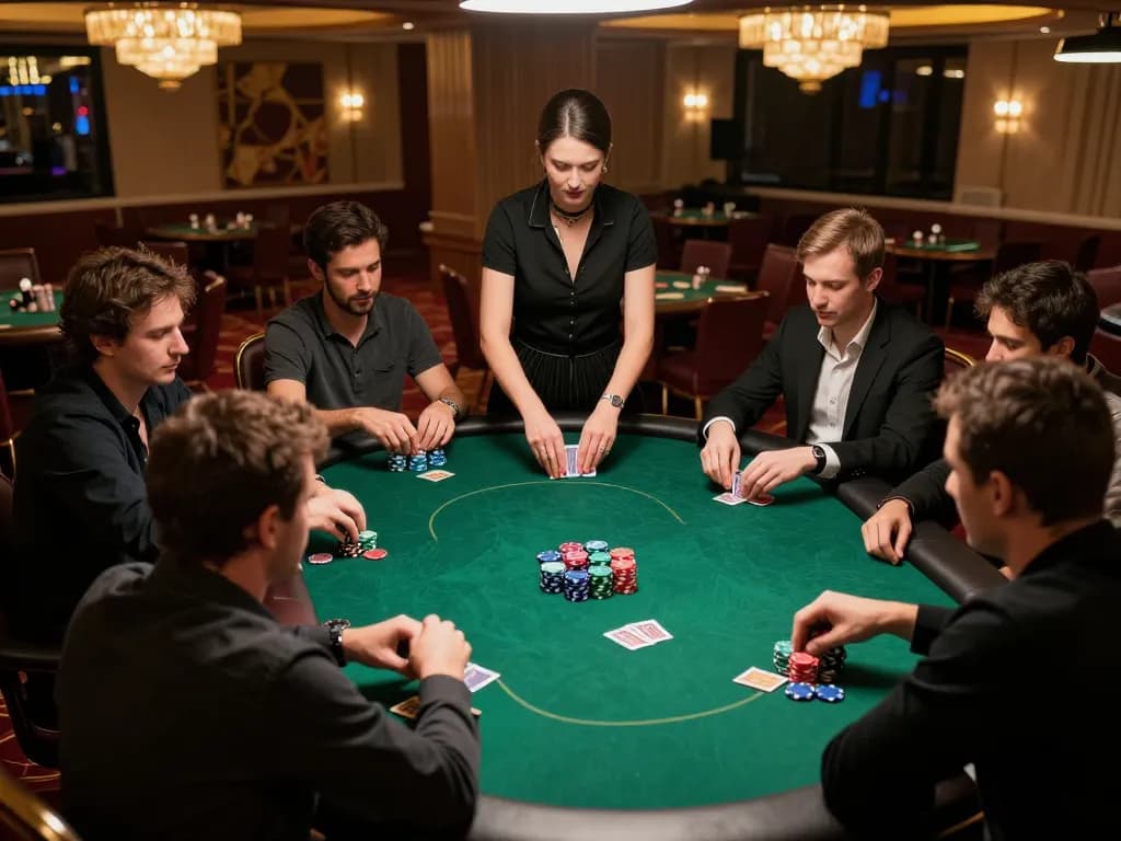 Players engage in an intense poker game at gen-e casino, showcasing chips and cards in a luxurious setting.