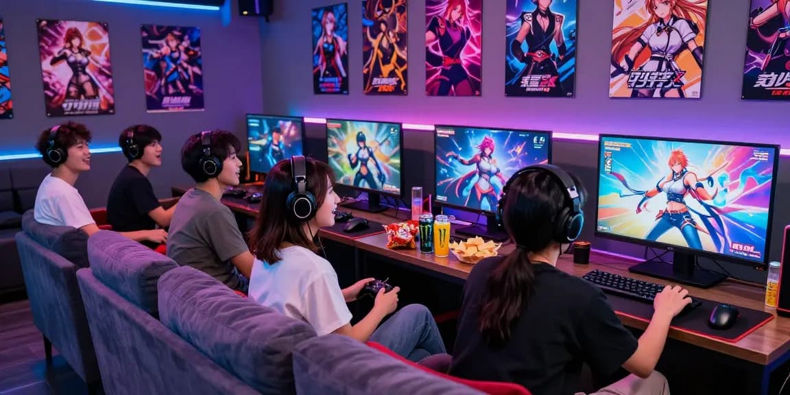 Friends enjoying hentai games in a lively gaming lounge with snacks and colorful LED lights.