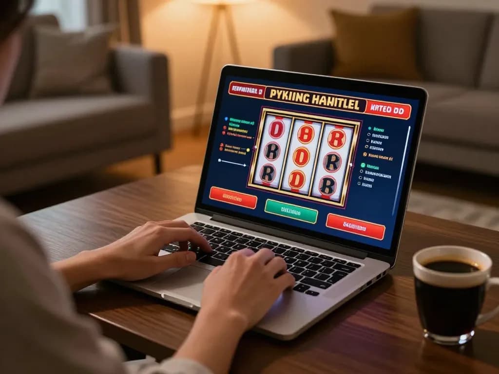 Engaging in online slot gameplay with bonus new member 100 offer, showcasing a cozy gaming setup.