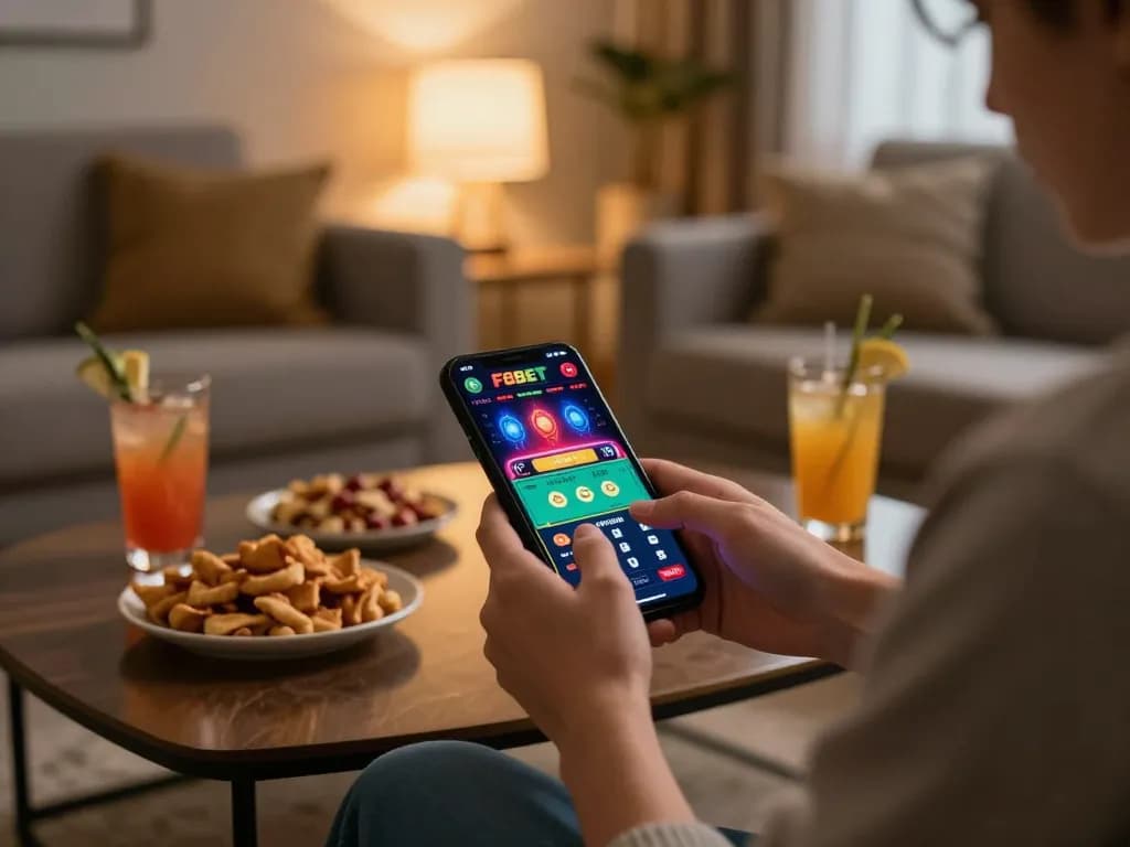 Enjoying the thrill of F8bet me on a mobile device in a cozy living room setting.