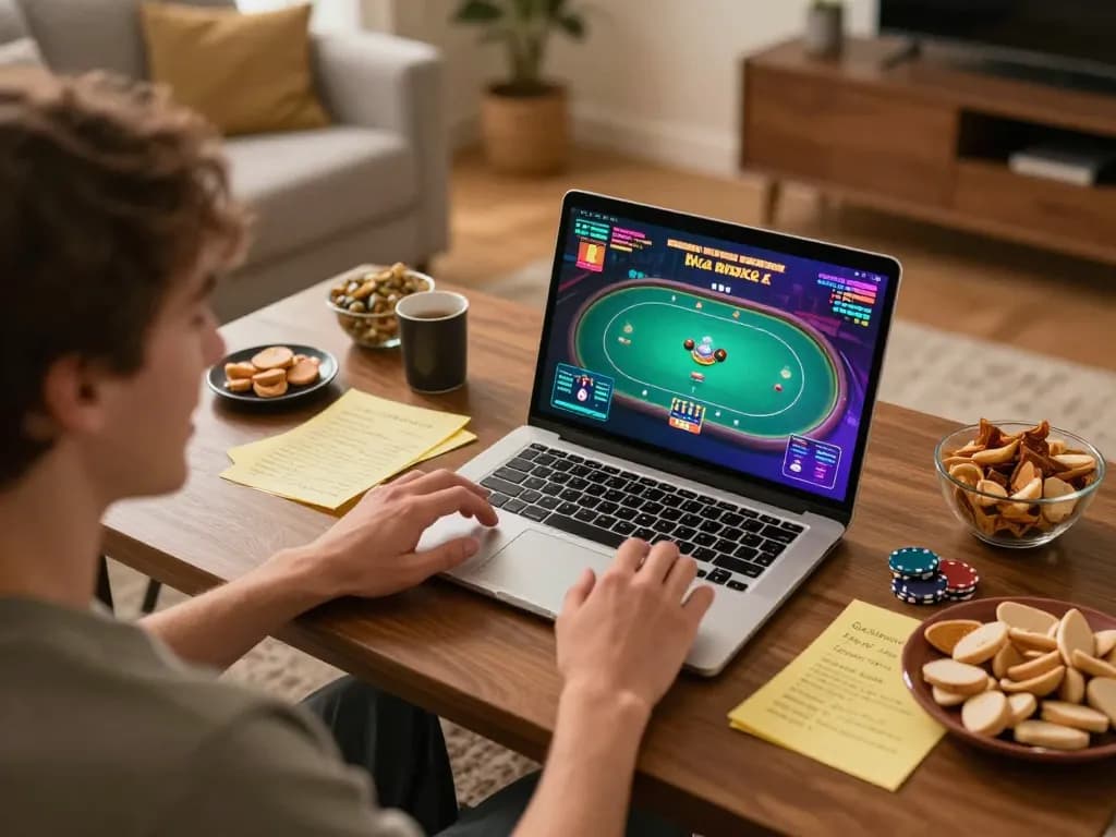 Engaged player enjoying cm88 online poker session with strategic notes and cozy setup
