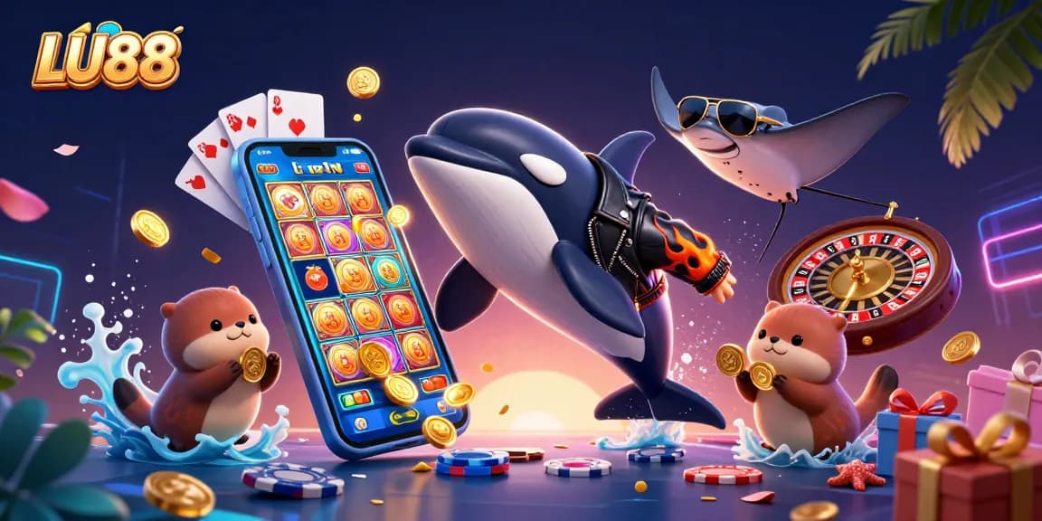 Experience the thrill of LU88 Casino with an orca, stingray, and otters, showcasing vibrant gaming action.