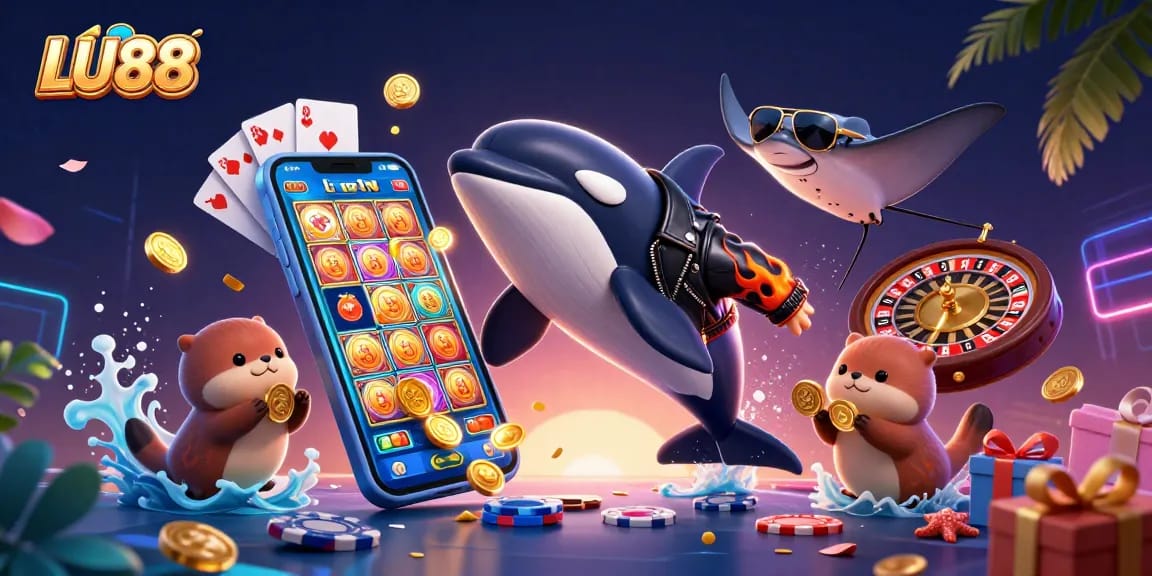 Experience the thrill of LU88 Casino with an orca, stingray, and otters, showcasing vibrant gaming action.