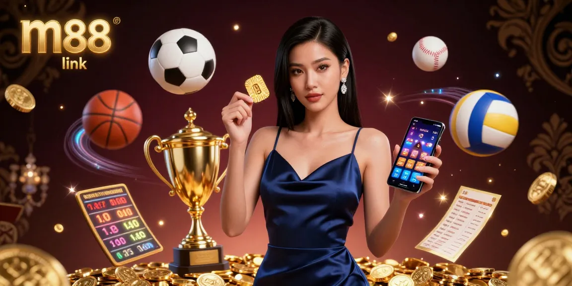 Terlibat dengan m88 link di adegan kasino dinamis yang menampilkan seorang wanita bergaya yang memegang chip dan smartphone, dikelilingi oleh elemen olahraga.