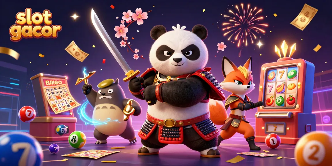 Engage with slot gacor excitement through a vibrant illustration featuring lively characters and casino elements.