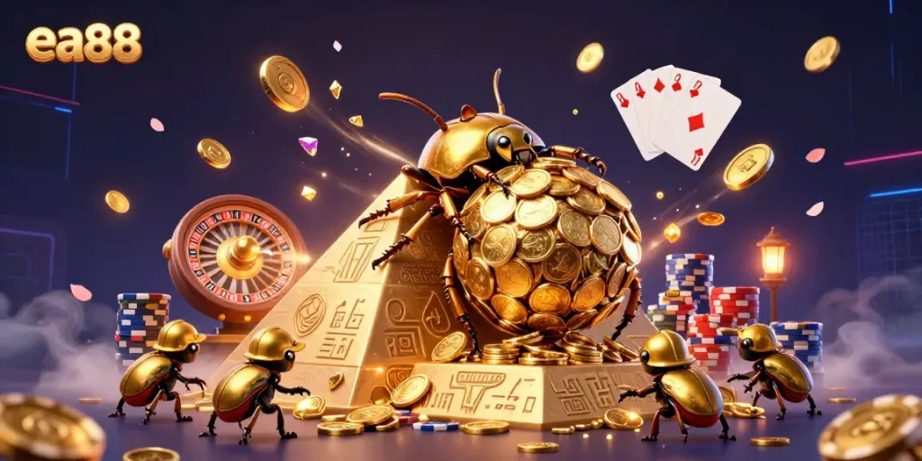 Experience the thrill of ea88 with a golden dung beetle rolling coins in a rich casino scene.
