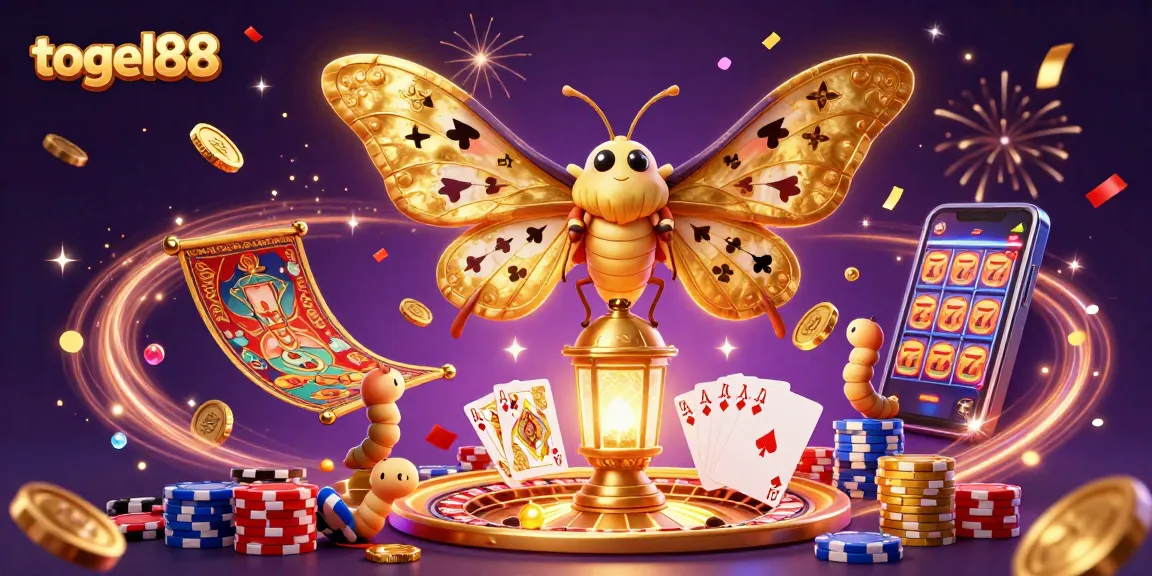 Engage with Togel88's vivid casino scenes highlighted by a golden atlas moth and casino elements.