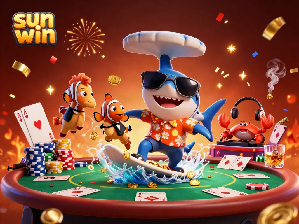 Experience the vibrant sun win casino adventure with a shark surfing on gold coins amidst poker games.