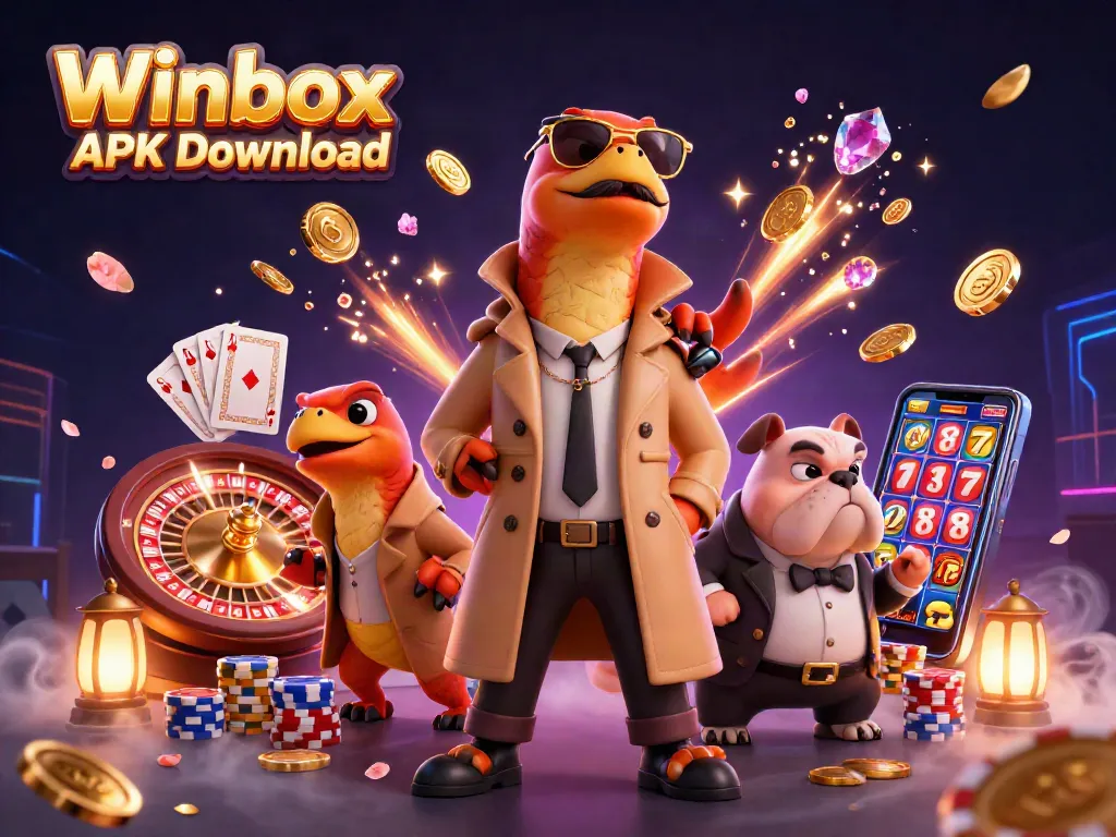 Winbox APK Download showcases raptors in disguise entering a casino with vibrant gaming elements.