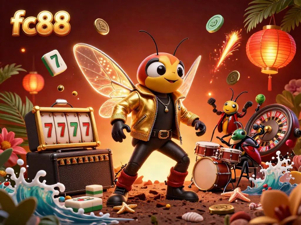 Spin to win with fc88 in this vibrant 3D casino scene featuring a cicada rock star and dynamic elements.