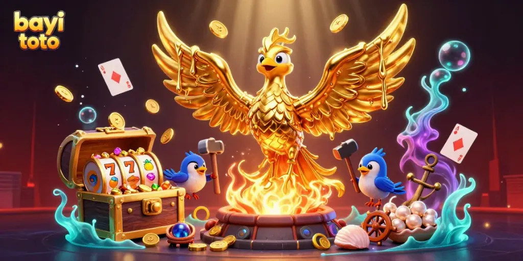 Permainan bayi toto semakin menarik dengan ilustrasi kasino penuh warna dan elemen slot yang berkilauan.