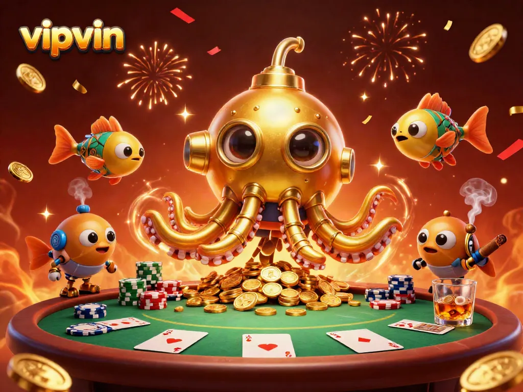 Experience the thrill of chances with vipvin's vibrant casino scene featuring a golden kraken submarine.