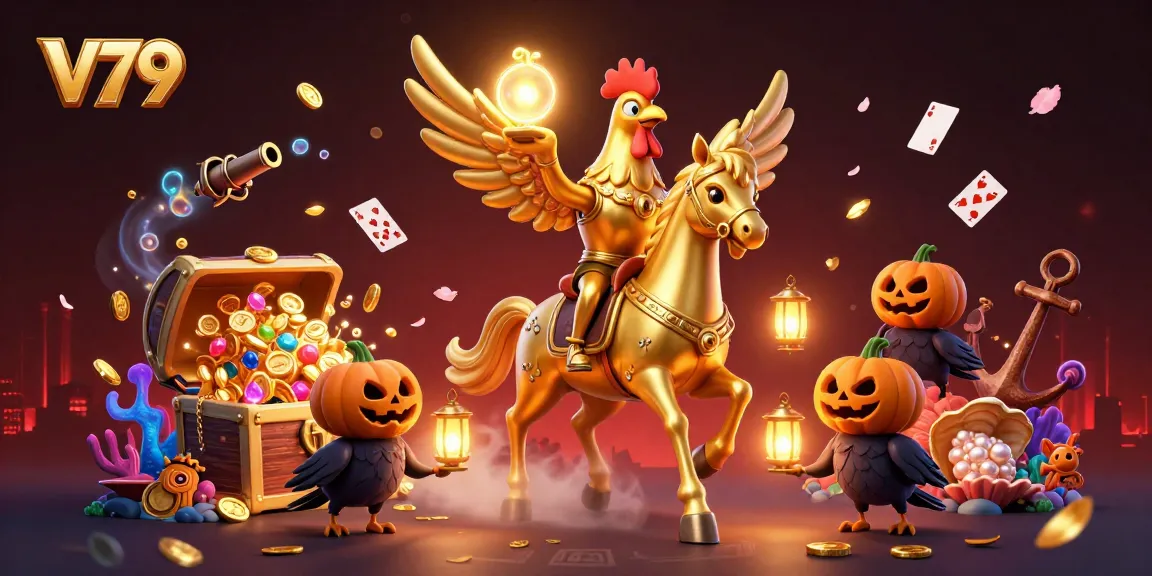 Experience thrilling adventures at V79 casino, an enchanting scene with golden rooster and lantern-carrying crows.