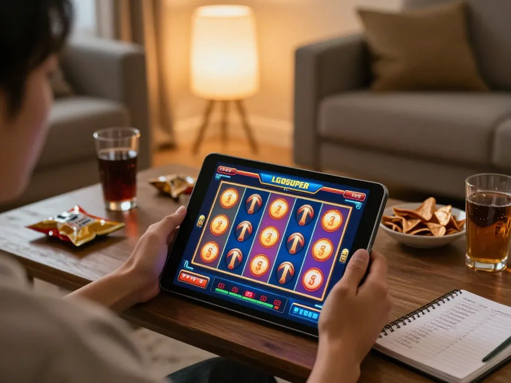 Engaging home gaming scene featuring LGOSUPER slot gameplay on tablet with cozy decor