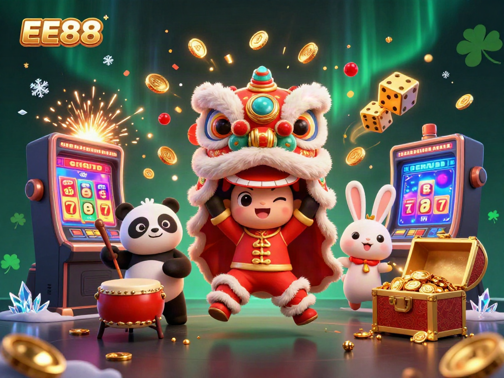 Engage in thrilling gaming experiences at EE88 with vibrant lion dance and festive casino elements.