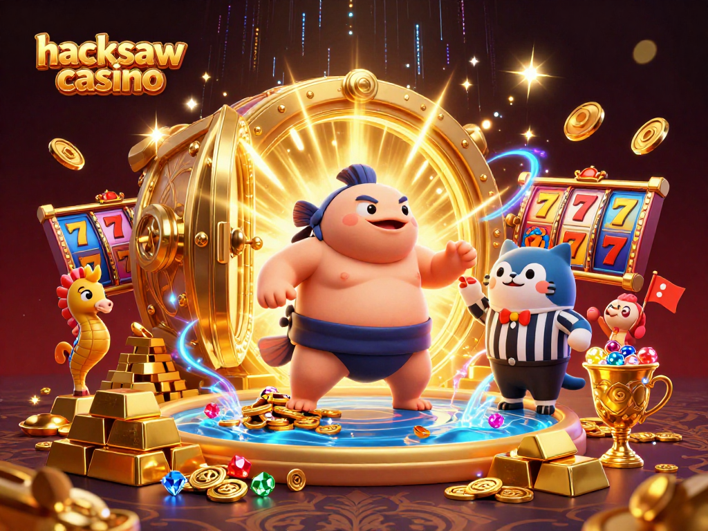 Experience the thrills of hacksaw casino with vibrant slot reels and lively characters in a 3D scene.