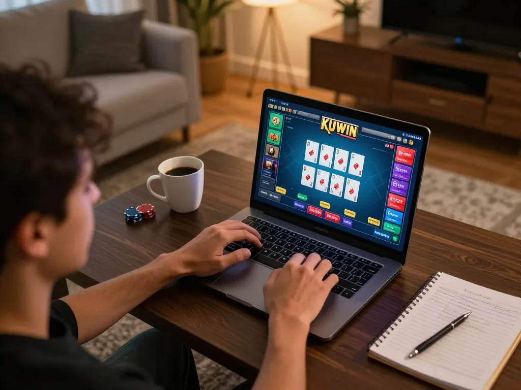 Kuwin poker player in a cozy home setup engaging in strategic plays on laptop