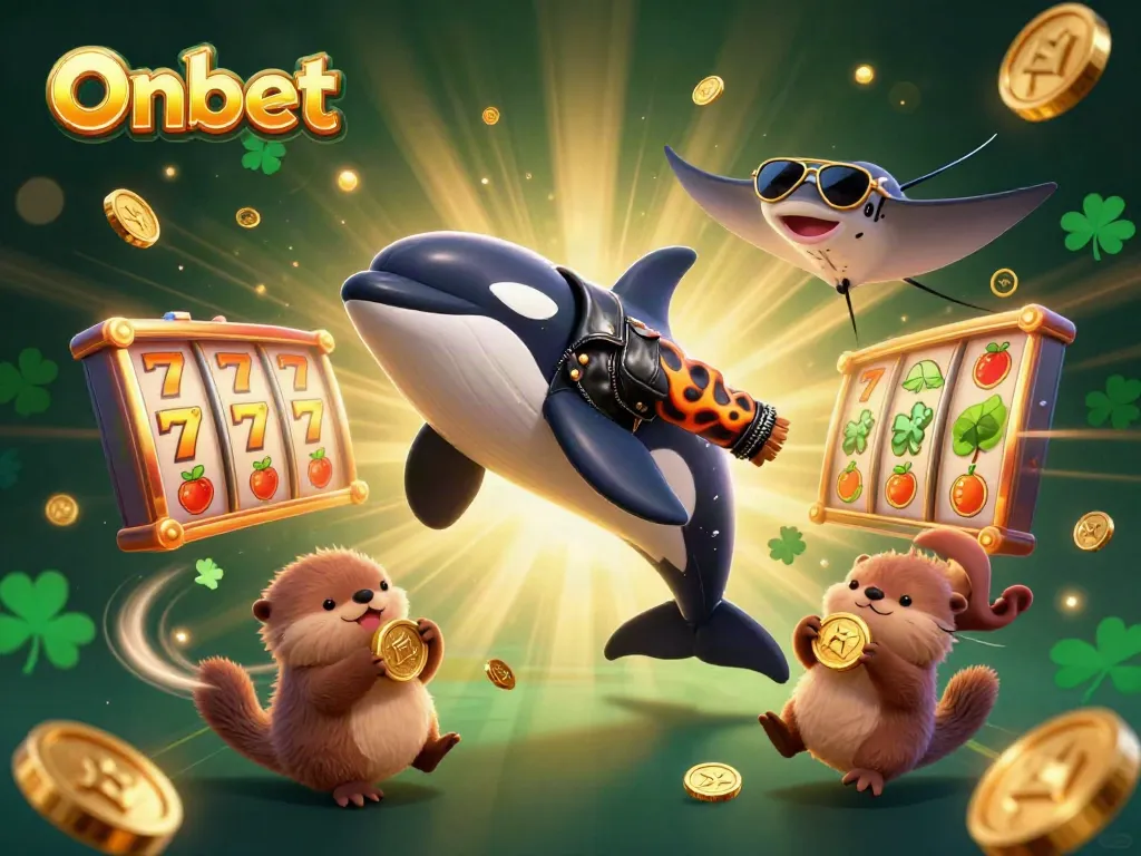 Experience thrilling casino magic at Onbet with an orca, stingray, and otters celebrating with gold coins.