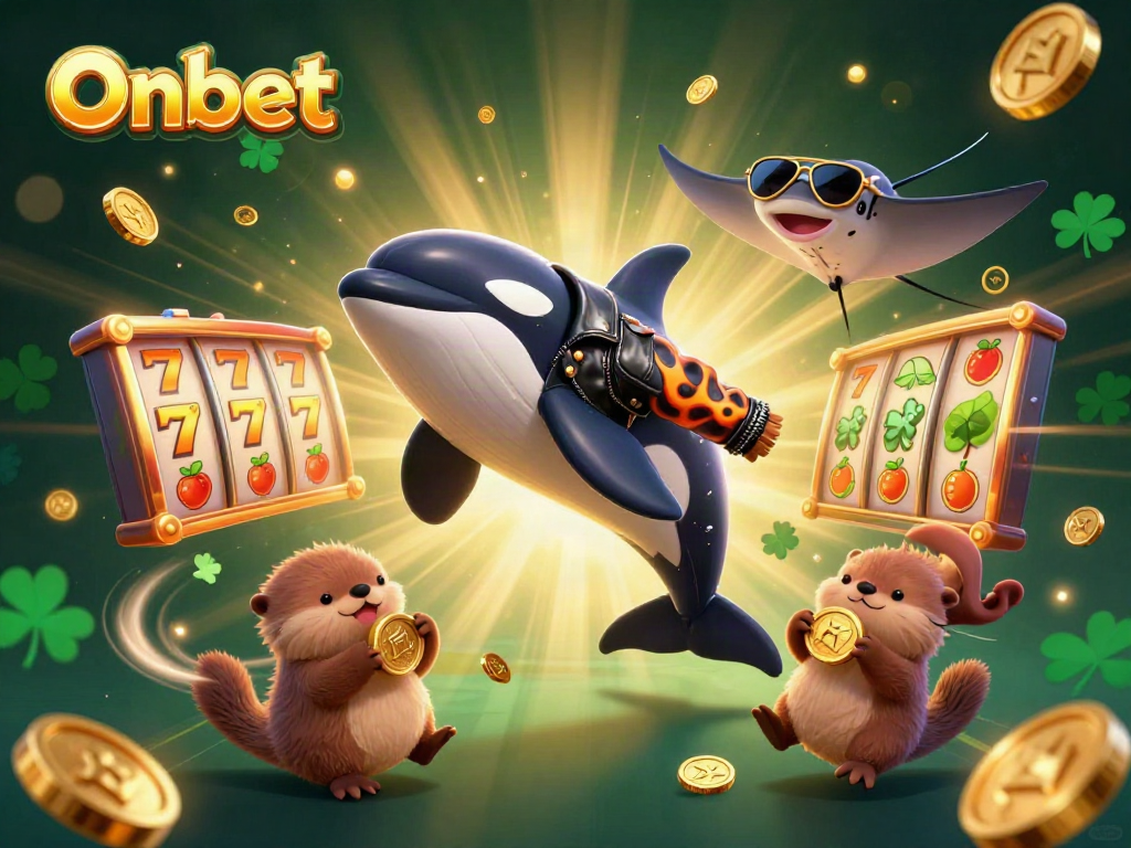 Experience thrilling casino magic at Onbet with an orca, stingray, and otters celebrating with gold coins.