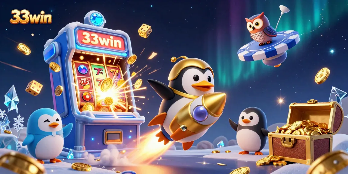 Experience the excitement at 33win with a golden penguin blasting through a vibrant casino universe.
