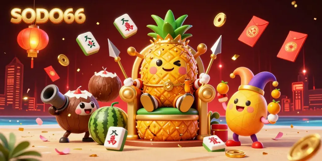 Engage with SODO66 in a vibrant casino illustration featuring a golden pineapple king and dynamic game elements.