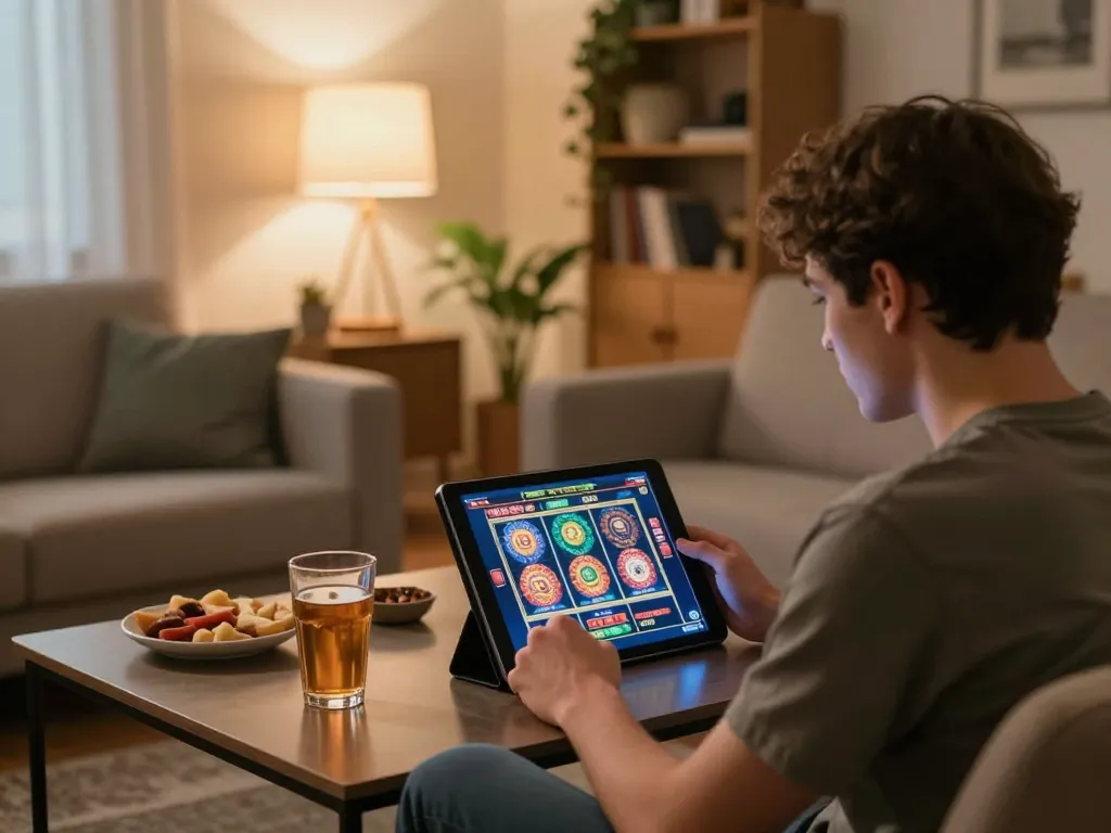 Bermain permainan slot online yang menarik di tablet dalam suasana rumah yang nyaman.