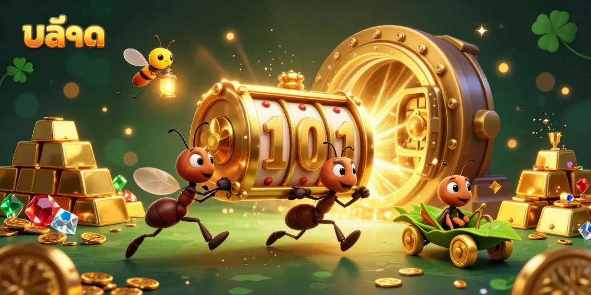 Engaging 3D illustration of ants carrying a giant slot machine symbol, depicting excitement and wealth in a casino heist.