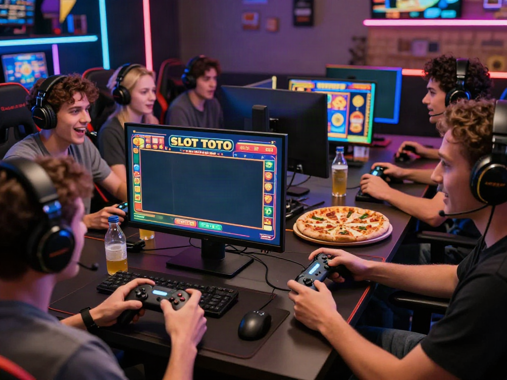 Friends enjoying a SLOT TOTO gaming night with vibrant screens and snacks.