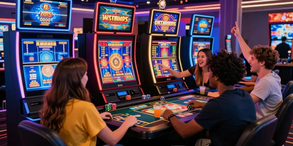 Diverse friends enjoying a lively game of slot gacor in a vibrant online casino environment.