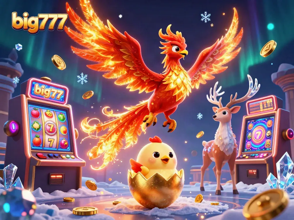 Win big with big777 in a vibrant casino scene featuring a phoenix and fun slot machines.