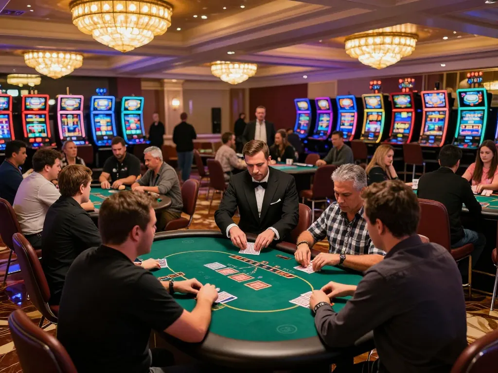 KJC players enjoying a thrilling poker game at a vibrant casino floor.