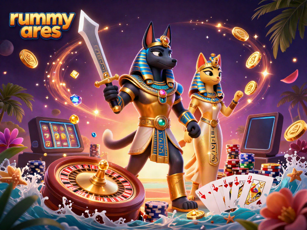 Experience the excitement of rummy ares in this vibrant 3D casino scene featuring Anubis and Bastet.