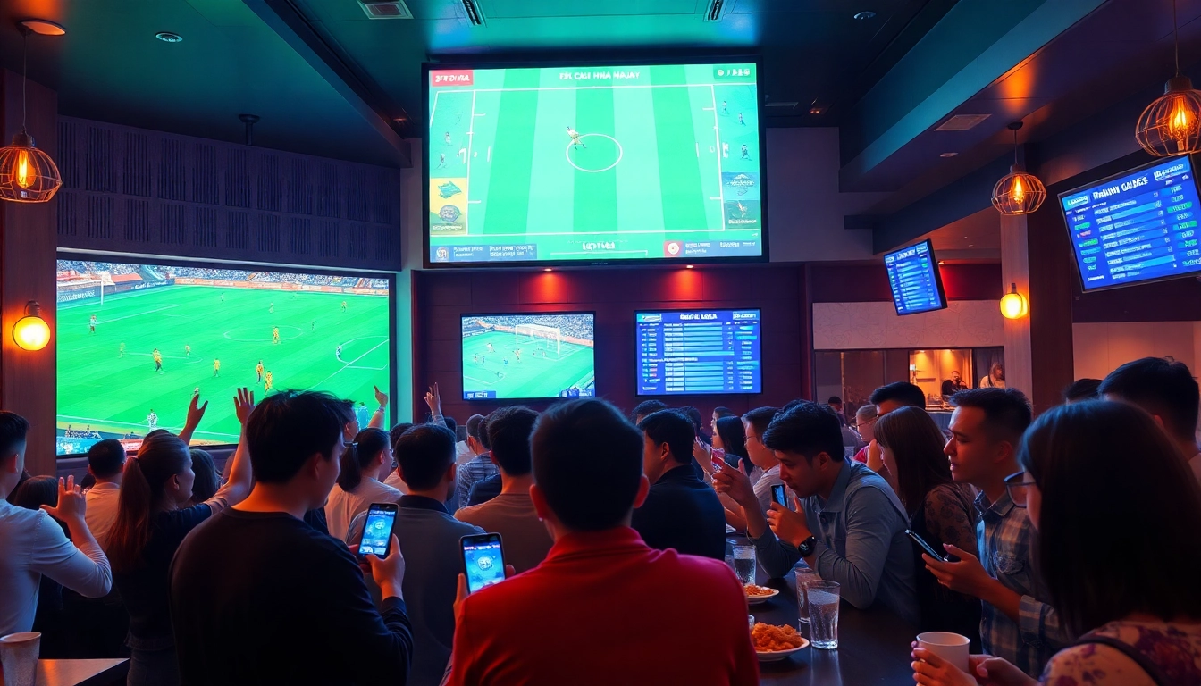 Kèo nhà cái hôm nay displayed in a lively sports bar environment with fans enjoying football matches.