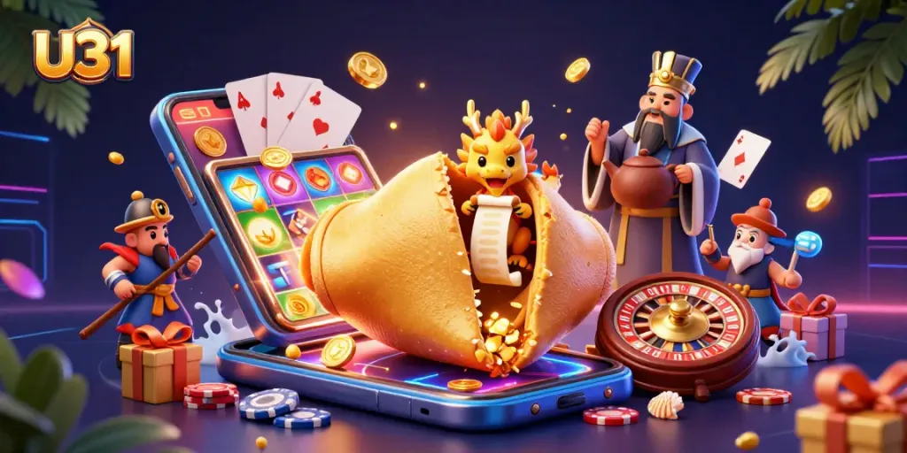 Engage in thrilling gameplay at U31, featuring vibrant slot games, golden coins, and a wise dragon.