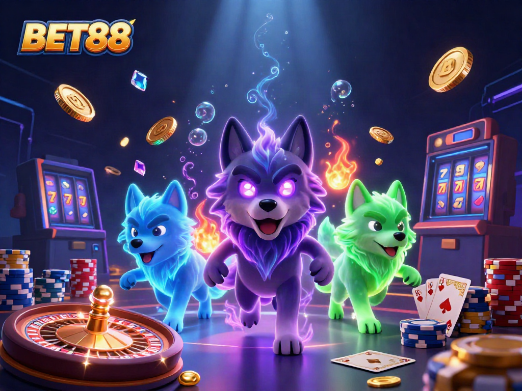 Engage with BET88’s thrilling gaming experience featuring wolf characters and exciting casino elements.