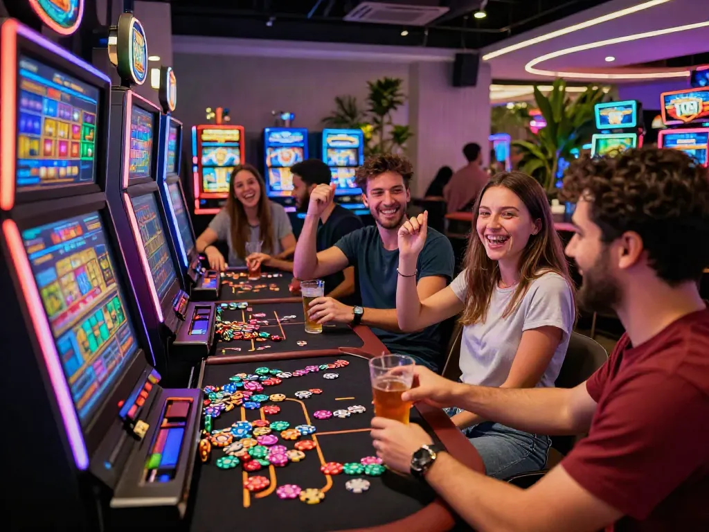 Group enjoying the Wolfbet Bonus official Page atmosphere in a lively crypto casino.