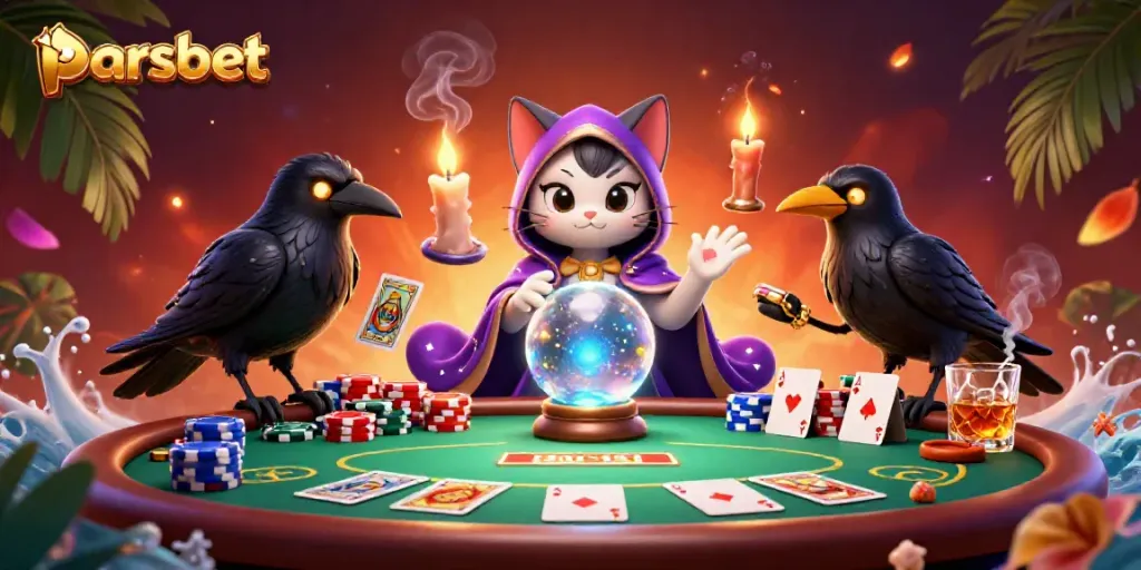 Parsbet ile şansınızı artırmak için poker masasında strateji geliştiren mistik kediyi betimleyen bir tasarım.