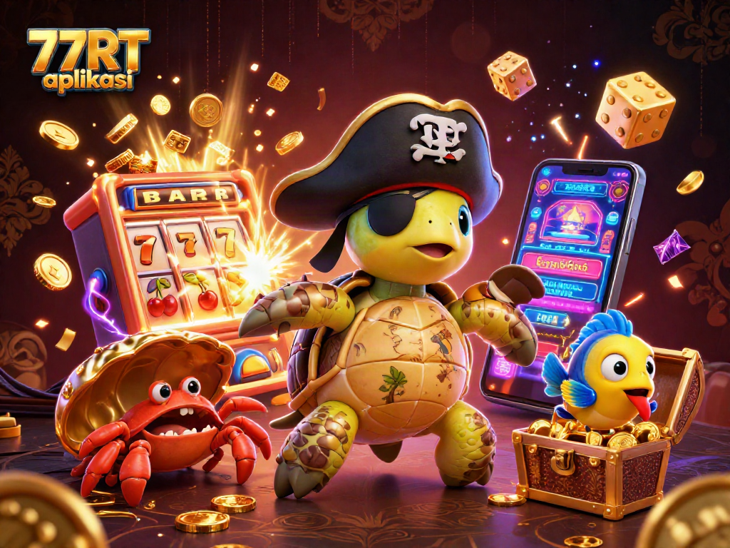 Engage in thrilling gameplay with 77RT aplikasi amidst a vibrant casino scene featuring exciting slot machines.
