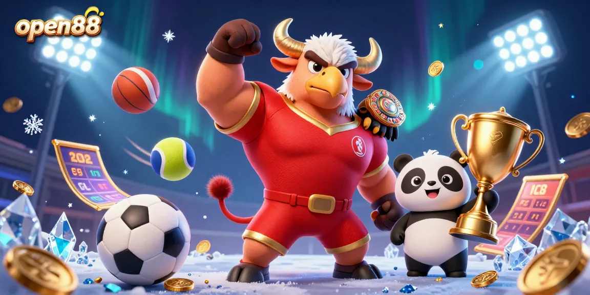 Engage in thrilling wins at open88 with a dynamic illustration showcasing a bull mascot, eagle, panda, and various sports elements.