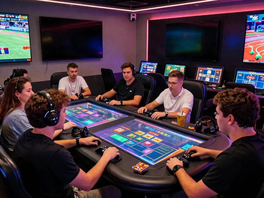 Engaged friends enjoying the excitement of online gambling at https://xx88.day/ in a vibrant gaming lounge.