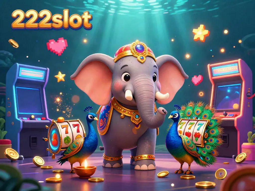 Permainan slot 222slot dengan gambar gajah berhiaskan emas dan layar mesin permainan yang meriah.