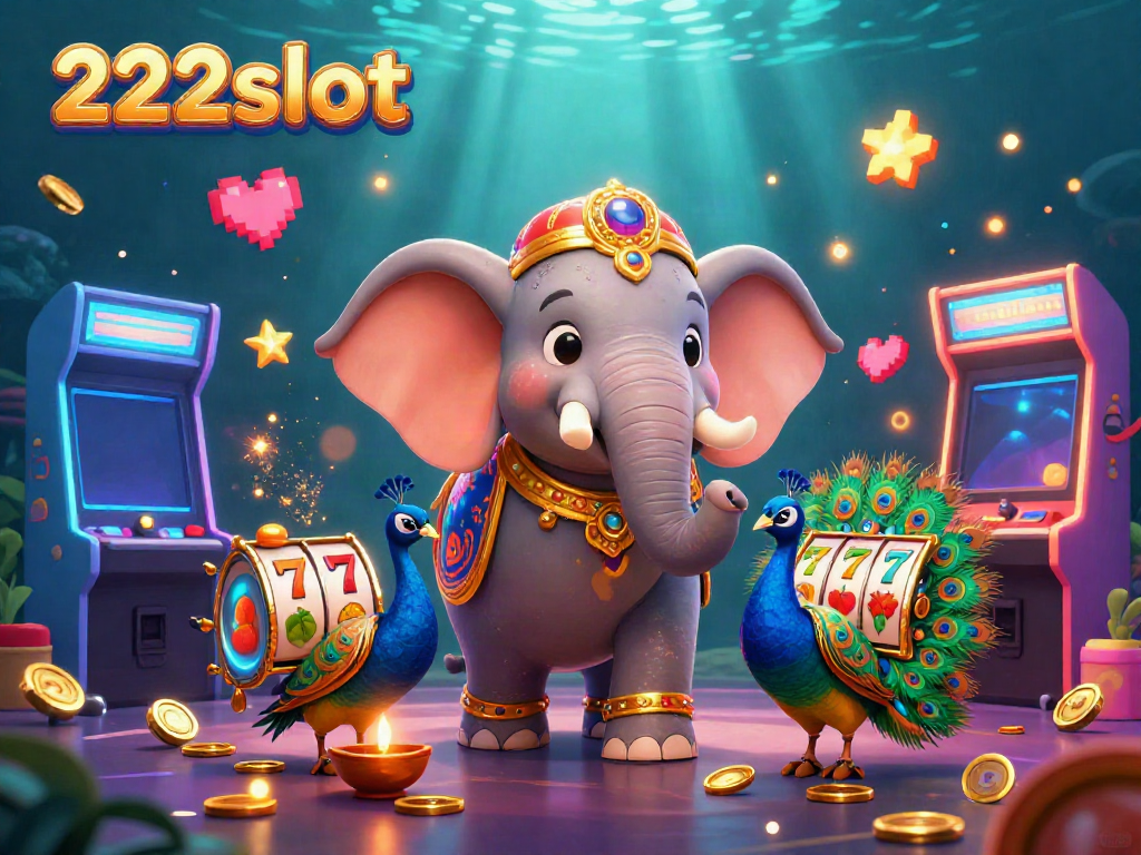 Permainan slot 222slot dengan gambar gajah berhiaskan emas dan layar mesin permainan yang meriah.