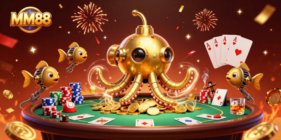 Join MM88 at the dynamic poker table with golden kraken submarine and mechanical fish in action.