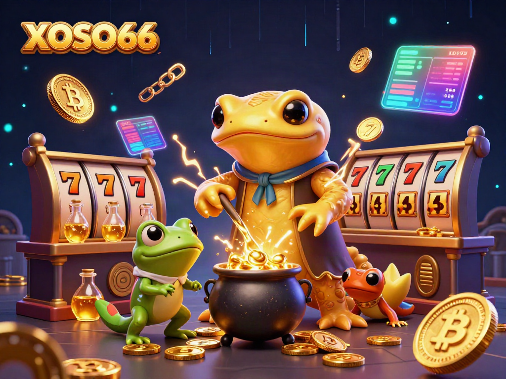 XOSO66 offers thrilling slot experiences with a magical alchemist scene filled with gold coins and festive elements.